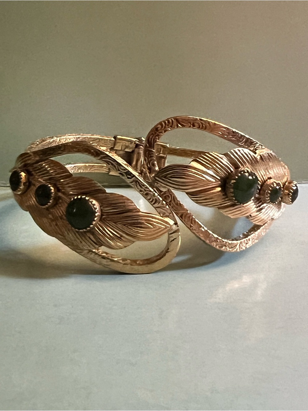 Gold-Tone Leaf Cuff Bracelet with Green Stone Accents